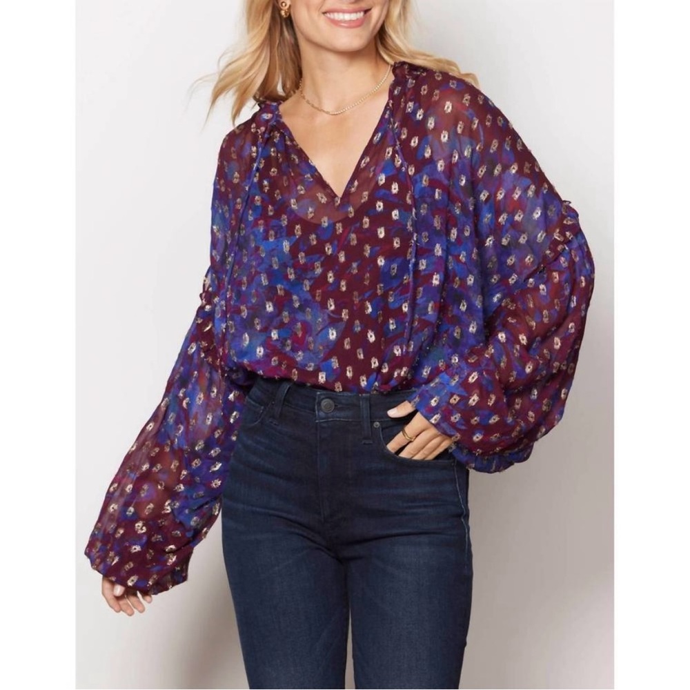 Evereve Purple Floral Sheer Tie-Neck Blouse - Picture 12 of 12